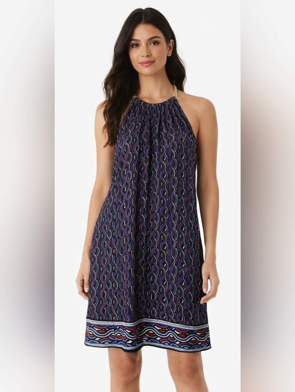 Michael Michael Kors Navy Blue Multicolor Wavy-Print Dress Size M